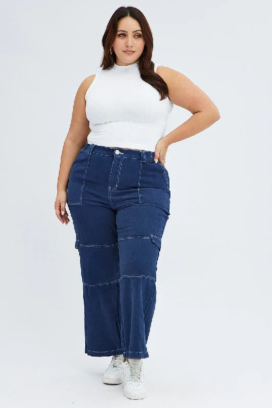 Blue Cargo Denim Jeans High Rise