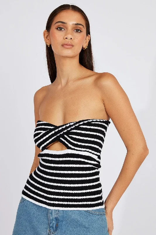 Black Stripe Crochet Knit Top Bandeau