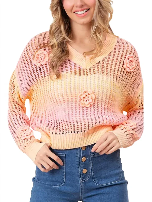 Ombre Crochet Sweater In Peach,blush