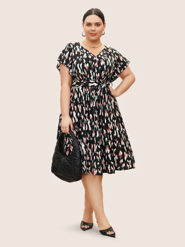 Allover Print Surplice Neck Flutter Sleeve Dress