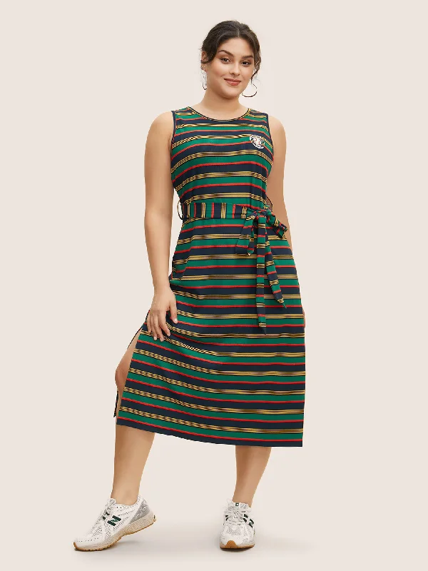 Contrast Striped Embroidered Patch Split Side Dress