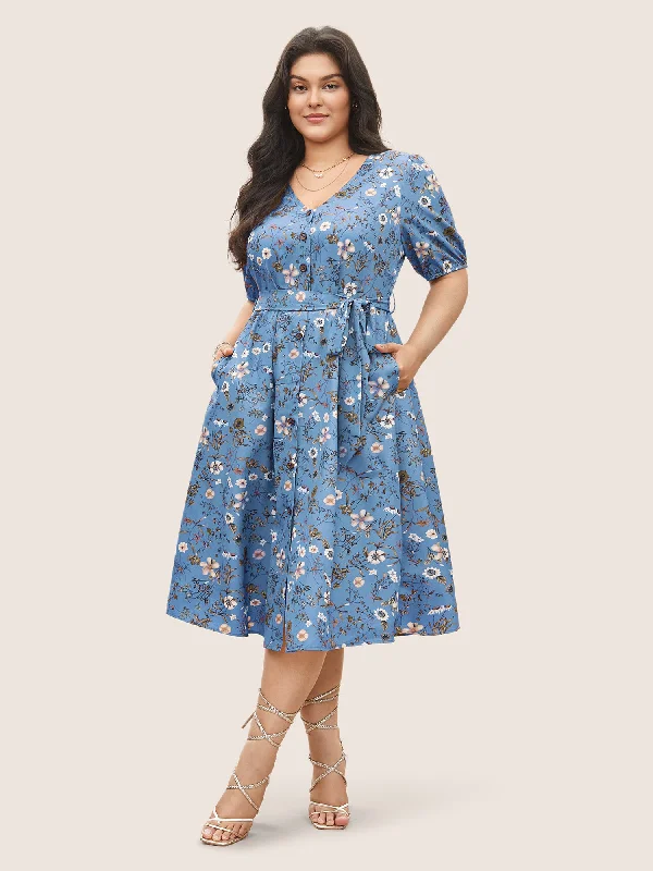 Ditsy Floral Belted Lantern Sleeve Button Up Dress