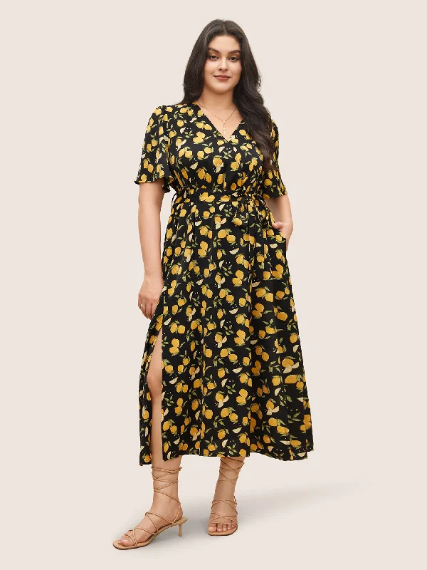 Citrus Lemons Print Belted Surplice Neck Split Side Dress