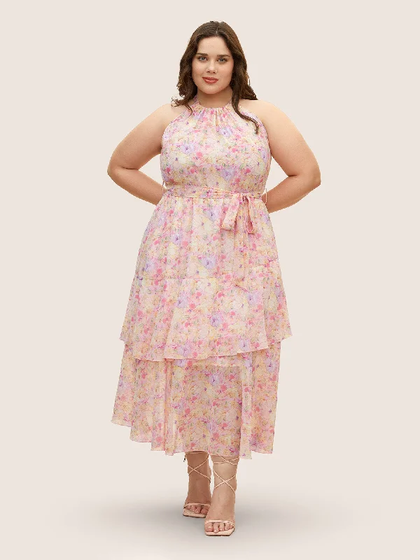 Halter Floral Belted Layered Hem Dress