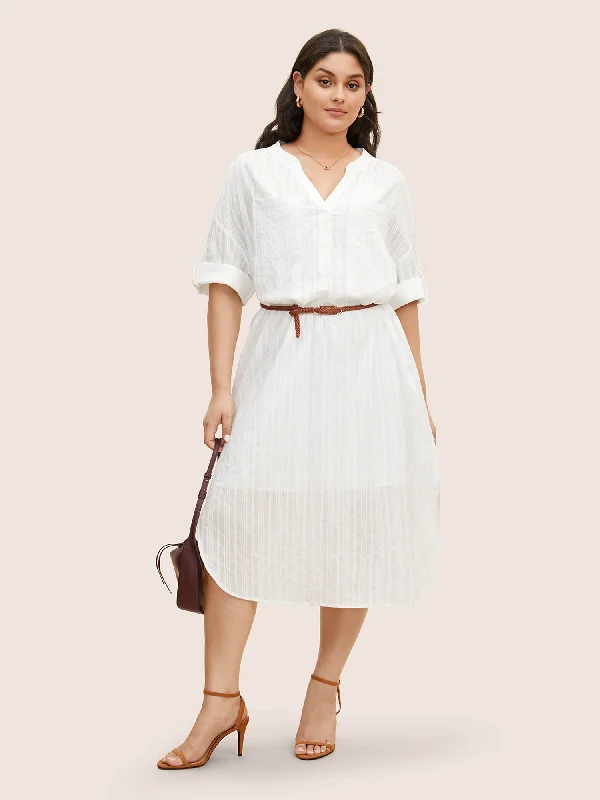 Notched Mesh Patched Pocket Button Cuff Sleeve Dress