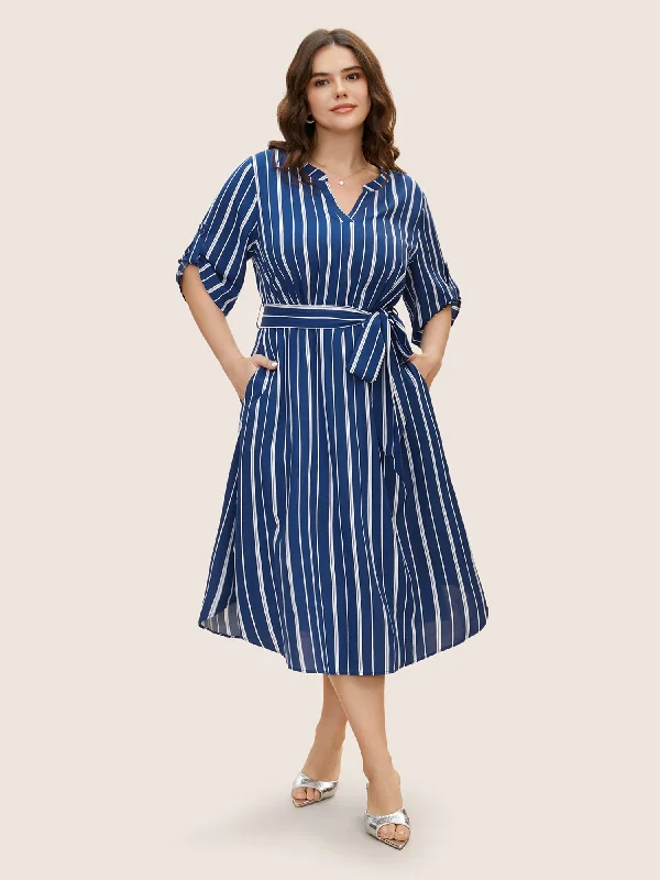 Notched Striped Button Cuff Sleeve Dress