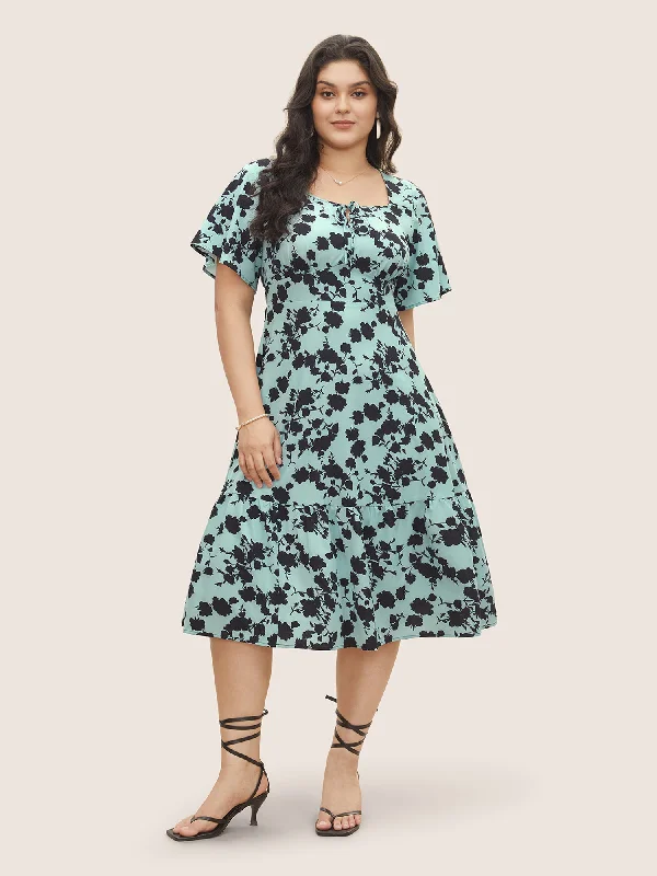 Silhouette Floral Print Knot Neck Flutter Hem Dress