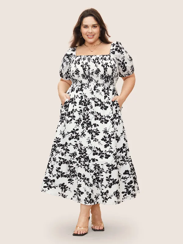 Silhouette Floral Print Shirred Puff Sleeve Dress