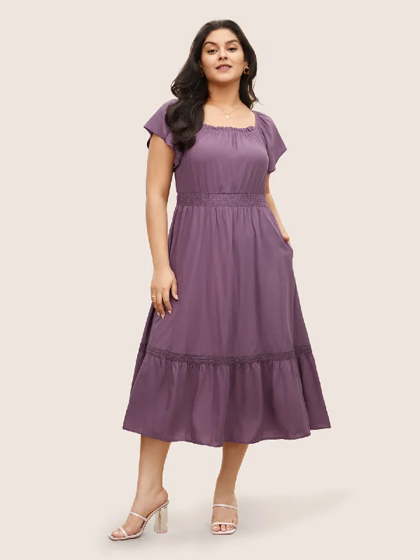 Solid Cap Sleeve Shirred Frill Trim Dress