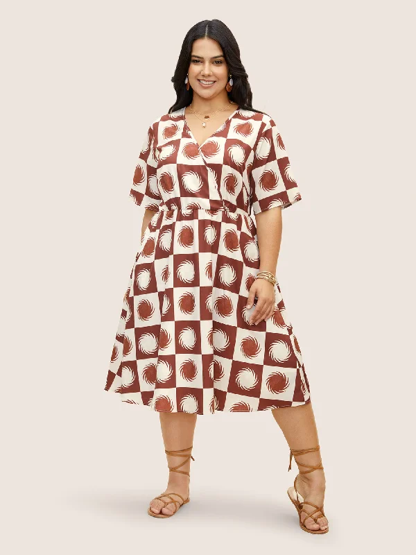 Sun Print Overlap Collar Elastic Waist Dress