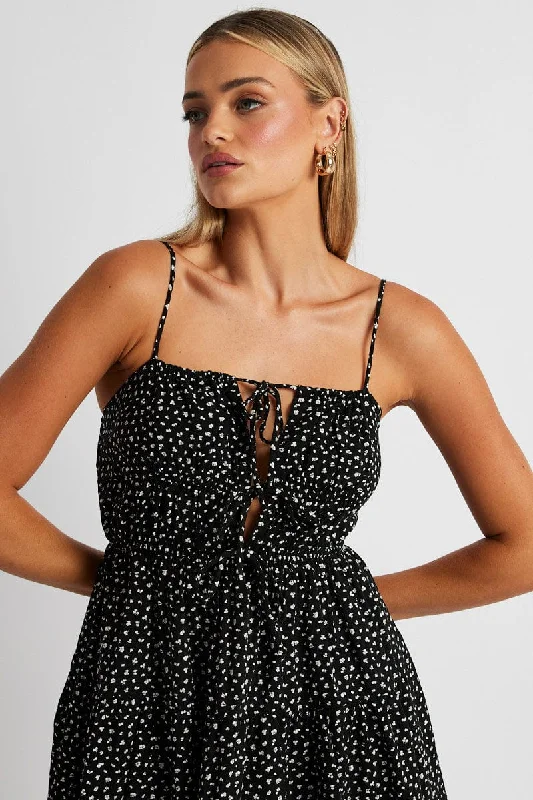 Black Ditsy Fit And Flare Dress Strappy