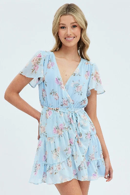 Blue Floral Fit And Flare Dress Short Sleeve Wrap Chiffon