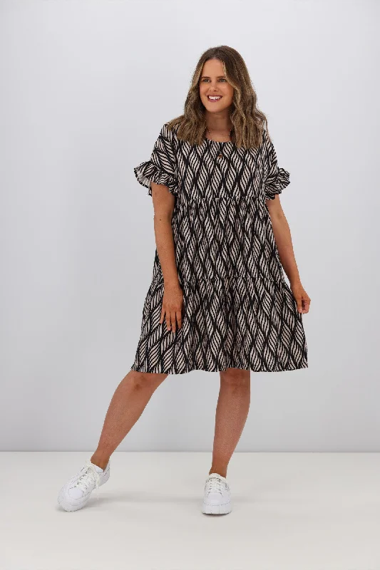 Gloss by Shine On Bramley Frill Sleeve Dress Spiraling Geo Print