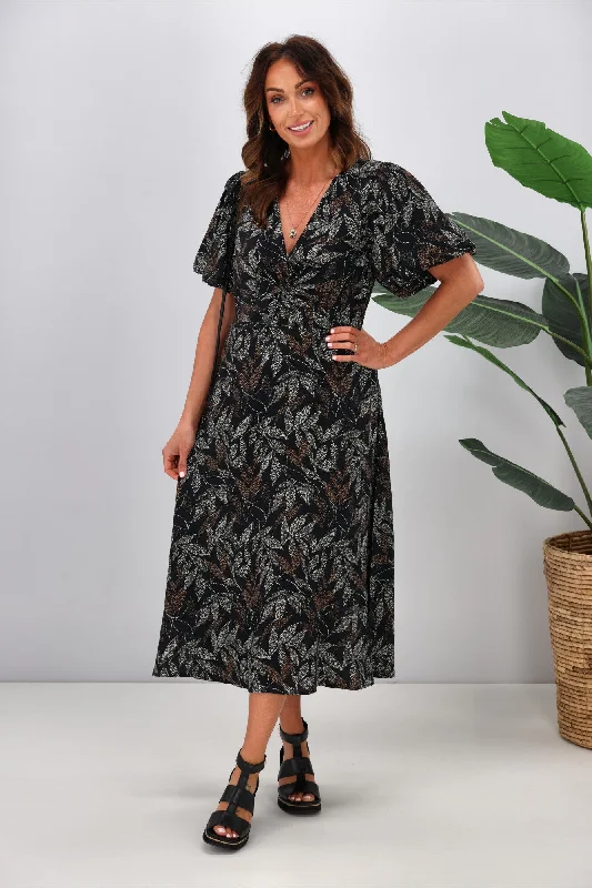 Gloss by Shine On Thora Knot Front Dress Black Leaf Dot Print