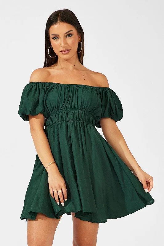 Green Fit and Flare Dress Short Sleeve Ruched