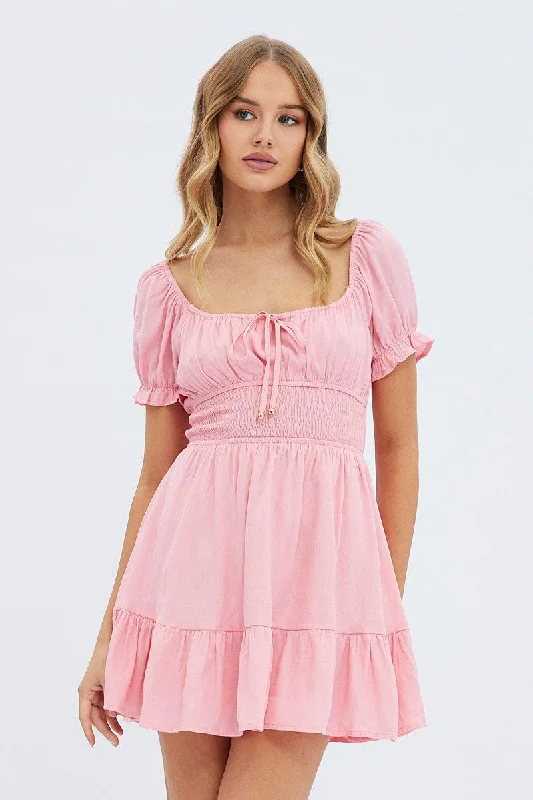 Pink Fit And Flare Dress Short Sleeve Mini