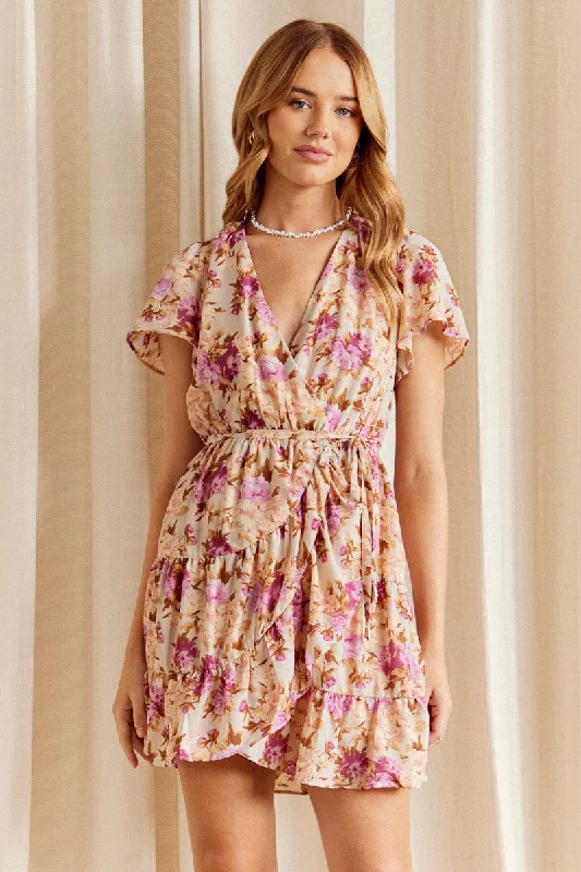 Pink Floral Fit And Flare Dress Short Sleeve Wrap Chiffon