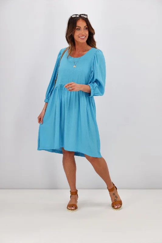 Shine On Label Blanchet Gathered Sleeve Dress Sky Blue