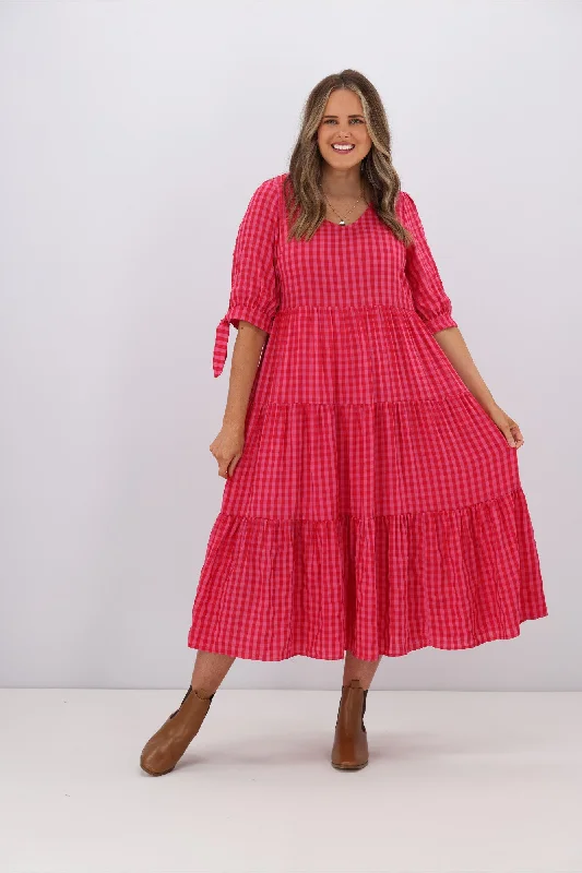 Silver Wishes Two Tone Gingham Check Tier Dress Fuchsia