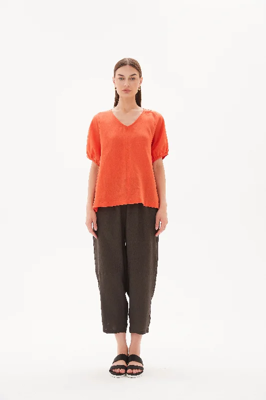 Tirelli V Neck Bishop Sleeve Top Aperol Orange