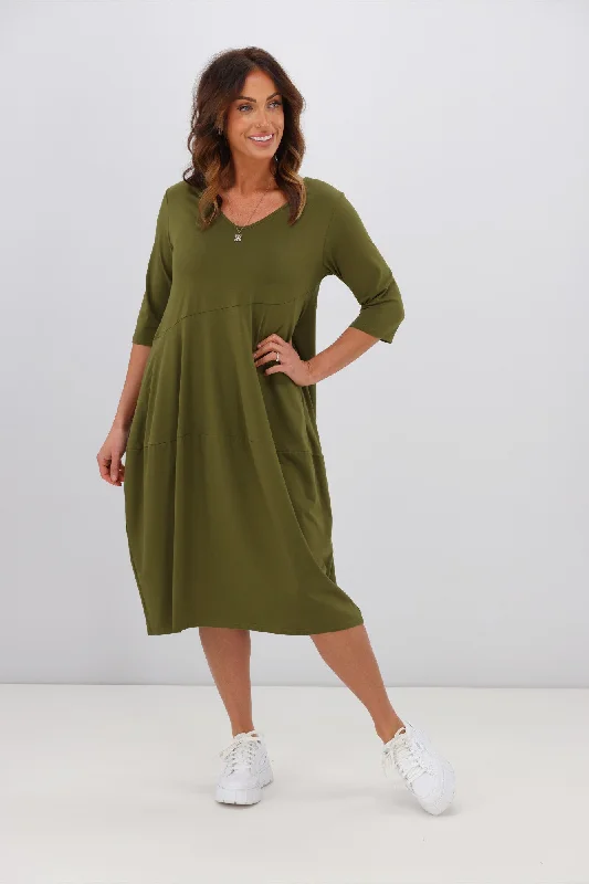 Tirelli V Neck Diagonal Seam Dress Moss