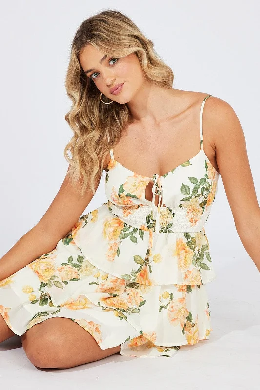 Yellow Floral Fit and Flare Dress Sleeveless Ruffle