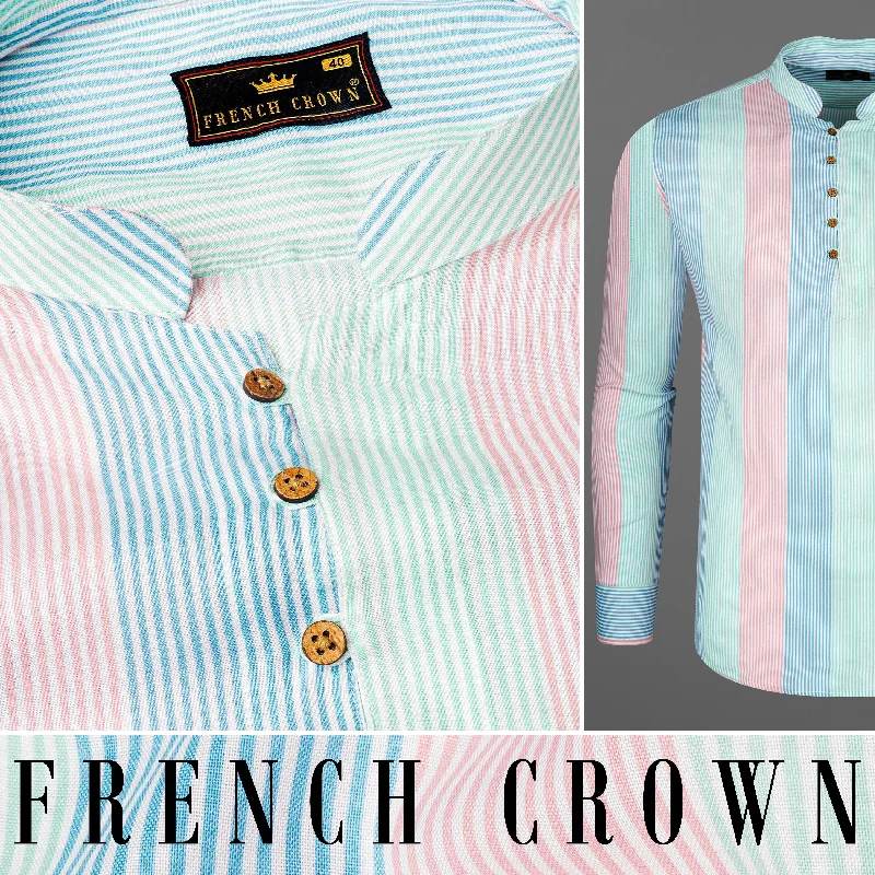 Blossom Pink with Glacier Blue and Riptide Green Pinstriped Premium Tencel Kurta Shirt