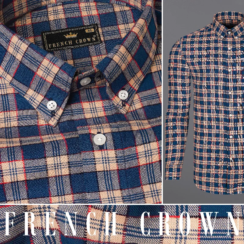 Tarawera Navy Blue with Tequila Light Brown Plaid Dobby Textured Premium Giza Cotton Shirt